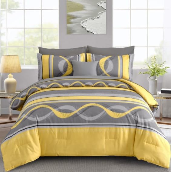 Yellow Comforter Set King Size,8 Pieces Bed In A Bag Patchwork Striped Bedding Sets,Boho Soft Microfiber Bedding Set For All Sea
